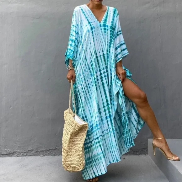 SOLD OUT Teal Boho Tie Dye Kaftan Kimono Coverup Dress - Picture 2 of 5